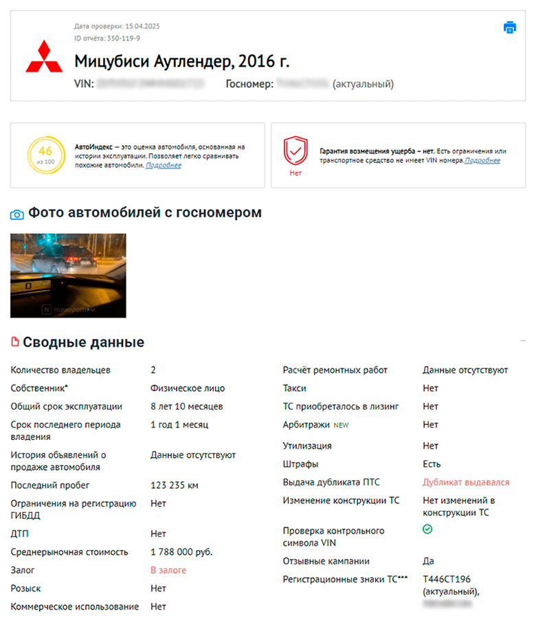 отчет о мицубиси аутлендер на автокоде